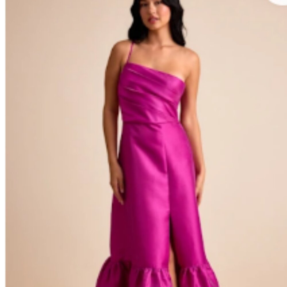 Lulu's Satin One-Shoulder Magenta Midi Dress